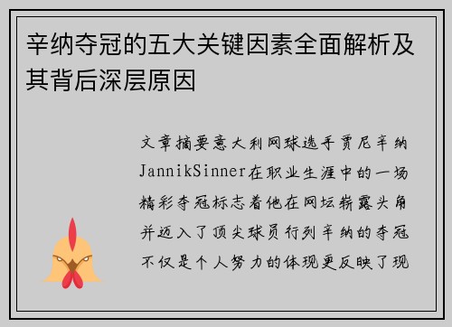 辛纳夺冠的五大关键因素全面解析及其背后深层原因