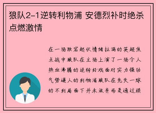 狼队2-1逆转利物浦 安德烈补时绝杀点燃激情
